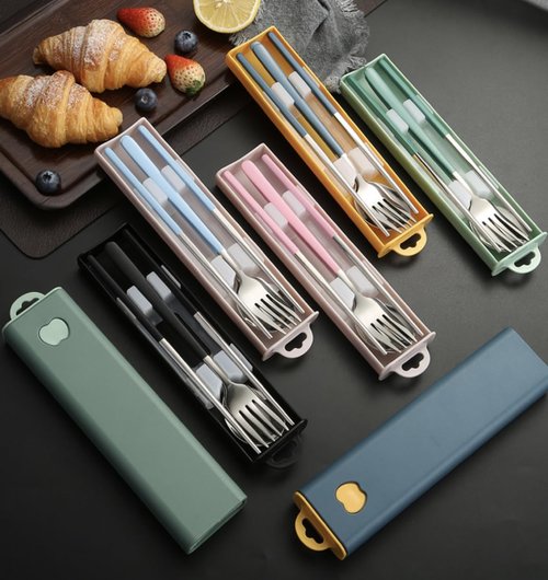 Pretihome 3 Pieces Portable Travel Utensils with Case 18/8 Stainless Steel Silverware Set for Camping Office School Lunch Including Chopsticks Fork Spoon Dishwasher Safe (Light Blue)