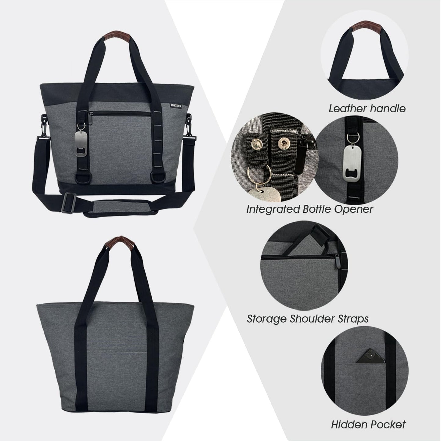 IBEIKER Insulated Cooler Bag, Large Insulated Bag, Reusable Shopping Bags, Leakproof Soft Cooler with BagsBottle Opener, Suitable for Supermarket Shopping, Travel,Beach,Family Picnic,Camping