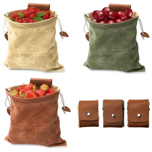 Mezchi 3 Pack Mushroom Foraging Bag, Collapsible Waxed Canvas Bag, Leather Foraging Pouch Basket for Camping, Hiking Hunting, Grocery Storage, 3 Colors