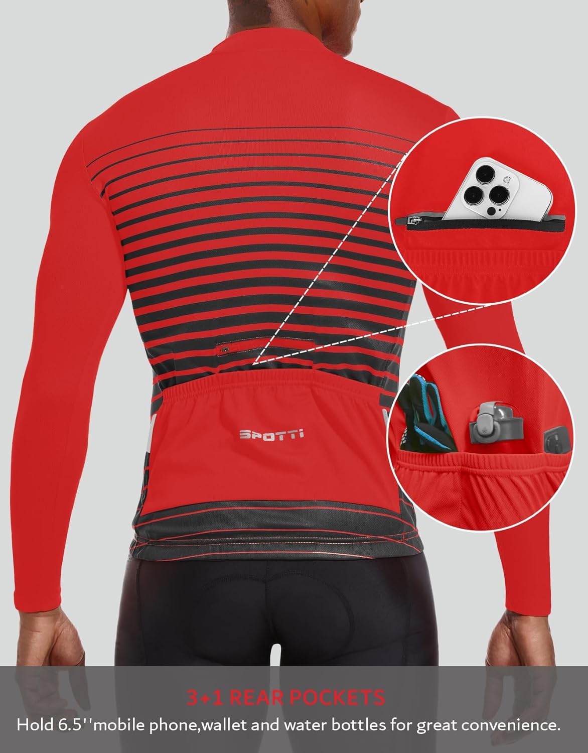 Spotti Men's Cycling Bike Jersey Long Sleeve with 3 Rear Pockets - Moisture Wicking, Breathable, Quick Dry Biking Shirt