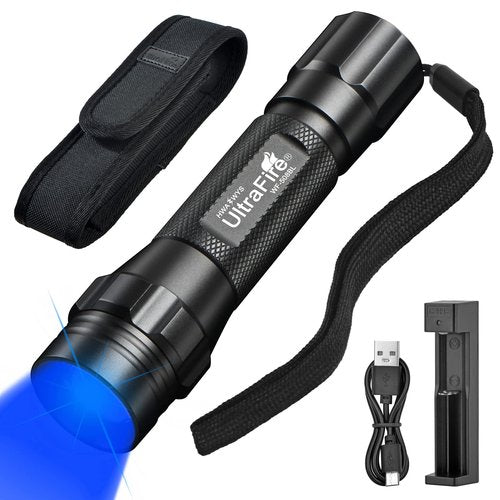 ULTRAFIRE Blue Light Flashlight, 450-460nm Single Mode LED Blue Flashlight, Portable Small Blue Light for Night Fishing and Outdoor Activities-Black House WF-508BL