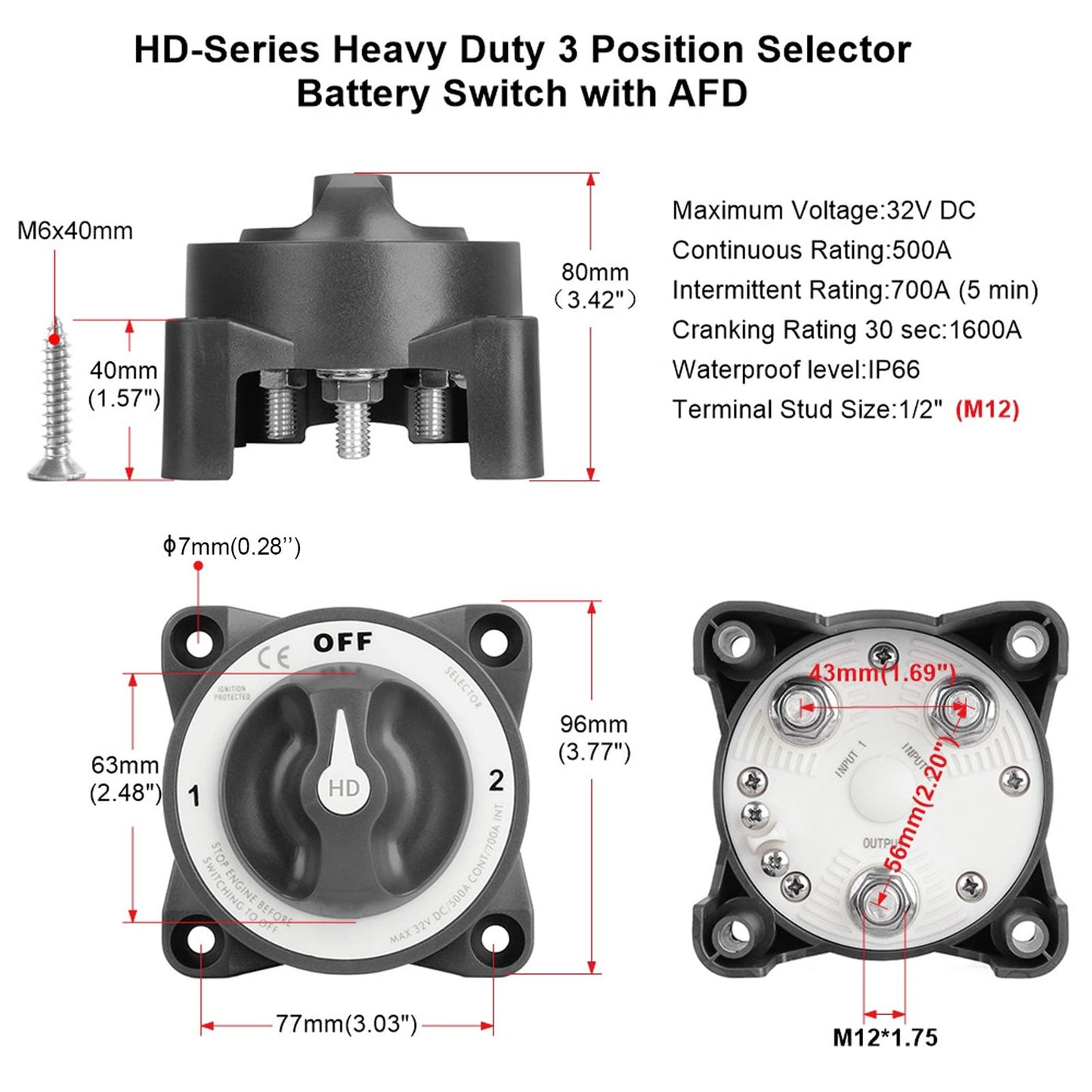 600A Master Battery Power Cut Disconnect Switch Isolator Single Circuit ON Off IP66 3 Studs for RV Gasoline Powered Boat Marine