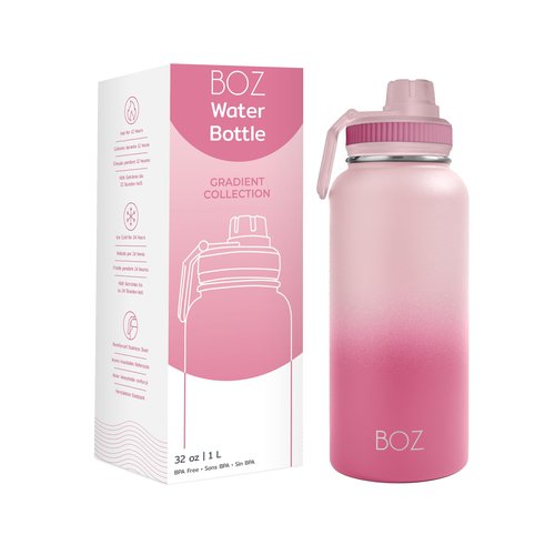 BOZ Stainless Steel Water Bottle - Vaccum Insulated Water Bottle 32 Oz - Wide Mouth BPA Free Sport Water Bottle for Gym with Spout Lid - Thermal Hot & Cold 1 Litre Gradient Pink Waterbottle
