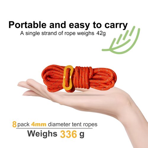 Smithok 8 Pack High-Reflective Guy Lines 4mm Tent Cords High-Strength Lightweight Camp Ropes with Aluminum Adjuster Tensioner for Tent, Tying Down Tarps, Camping, Outdoor Packaging (Orange)