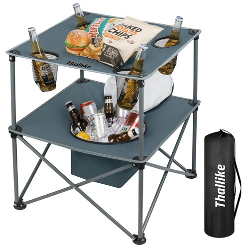 Thallike Portable Picnic Camping Table with Cooler, Folding Beach Table with 4 Tear Resistance Cup Holders, Tailgating Table Carry Bag for Travl, Beach, Summer Cookout Essential (Grey)