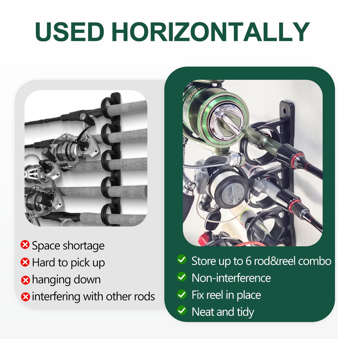 Aventik Vertical/Horizontal Fishing Rod Holder For Garage, Wall, Ceiling Holds Up To 6/12 Fishing Pole Holders (Green)