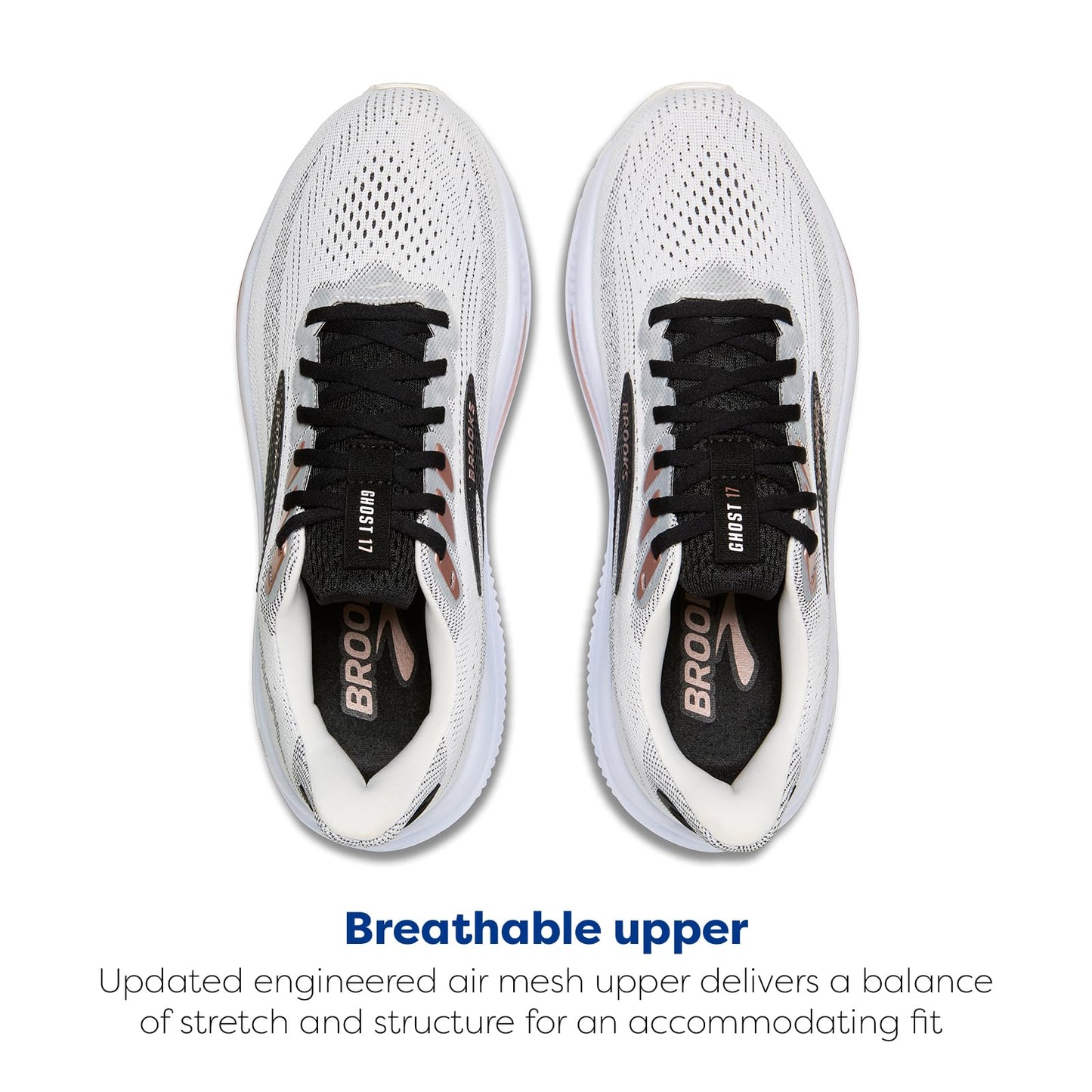 Brooks Women’s Ghost 17 Neutral Running Shoe - White/Black/Rose Gold - 9.5 Medium