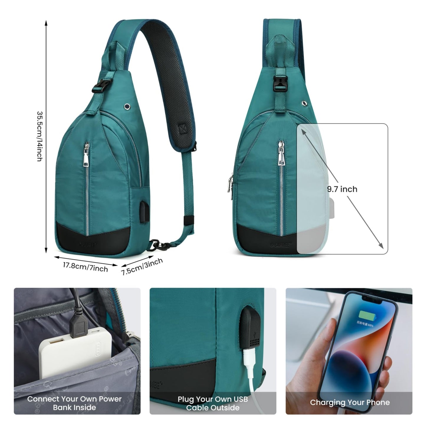 G4Free Sling Bag RFID Blocking Crossbody Sling Backpack Small Shoulder Chest Bag Daypack with Earphone Hole Men Women Hiking Travel(Teal)