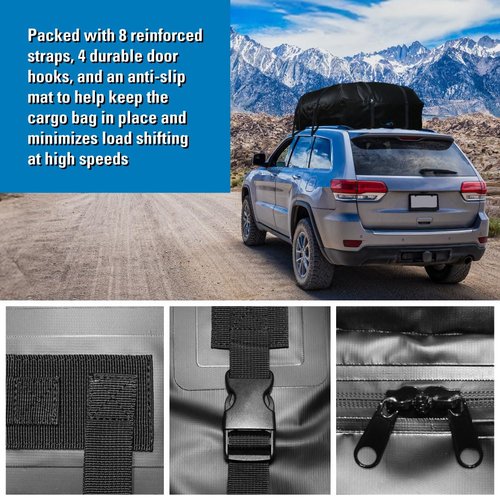 REESE 59007 Waterproof Rooftop Cargo Carrier Bag for Cars, SUVs or Trucks with/Without Roof Racks, 22 Cubic Feet, Heavy Duty 840D Abrasion-Resistant PVC Fabric with Anti-Slip Mat