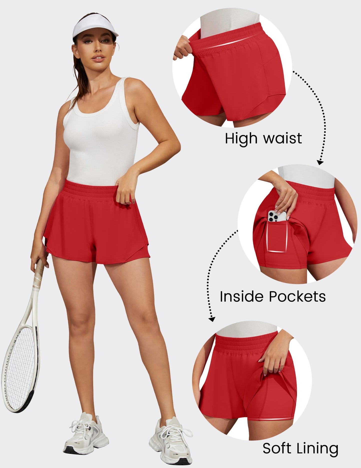 FireSwan Running Shorts for Women 2 in 1 High Waisted Quick Dry Butterfly Flowy Athletic Gym Yoga with Pockets Red Medium