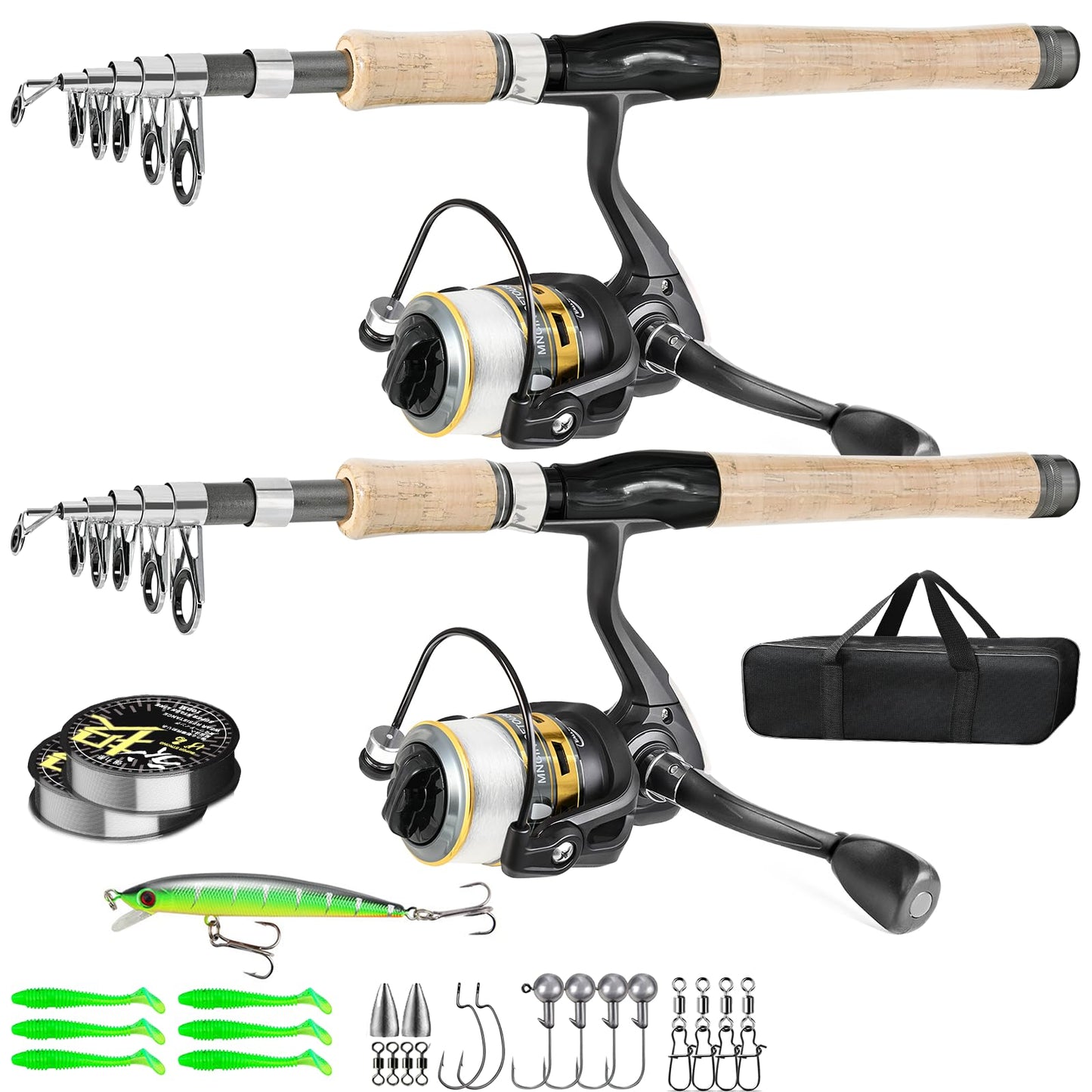 2PCS Fishing Pole Combo,Carbon Fiber Fishing Pole ，12 +1 Shielded Bearings Stainless Steel BB Spinning Reels Fishing Carrier Bag for Travel Saltwater Freshwater (6.9FT)