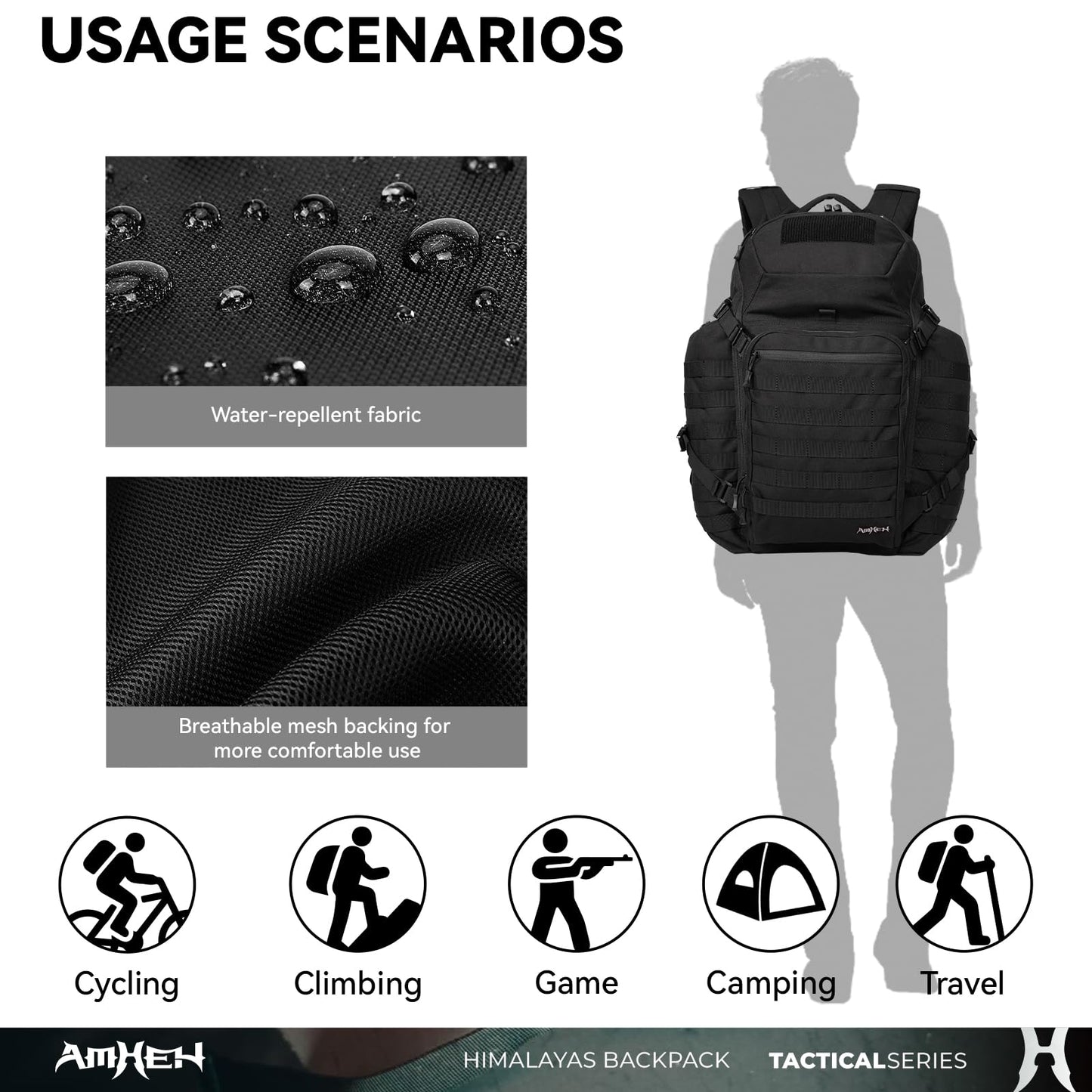 AMHEH 52L Tactical Backpack Military Molle Assault Pack - 3 Day Bugout Survival Rucksack, Hydration Compatible, Black