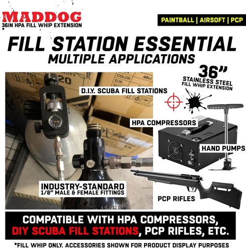 Maddog Paintball Airsoft Fill Whip Hose Extension 4500 Psi PCP - 36 inch Stainless Steel Charging System