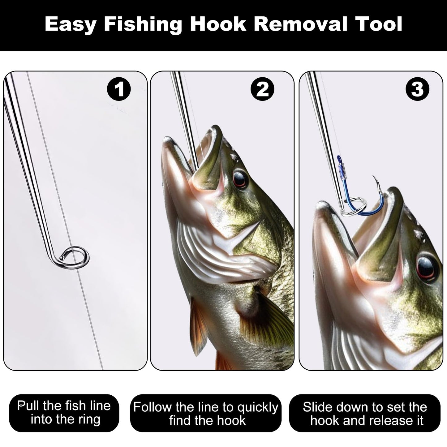 Realure Fishing Hook Quick Removal Device Descending 2 Sizes Fish Hook Remover Tool Kit Set for Saltwater Security Extractor, Fishhook Unhooking Stainless Steel Magnetic Release Accessories (Black)