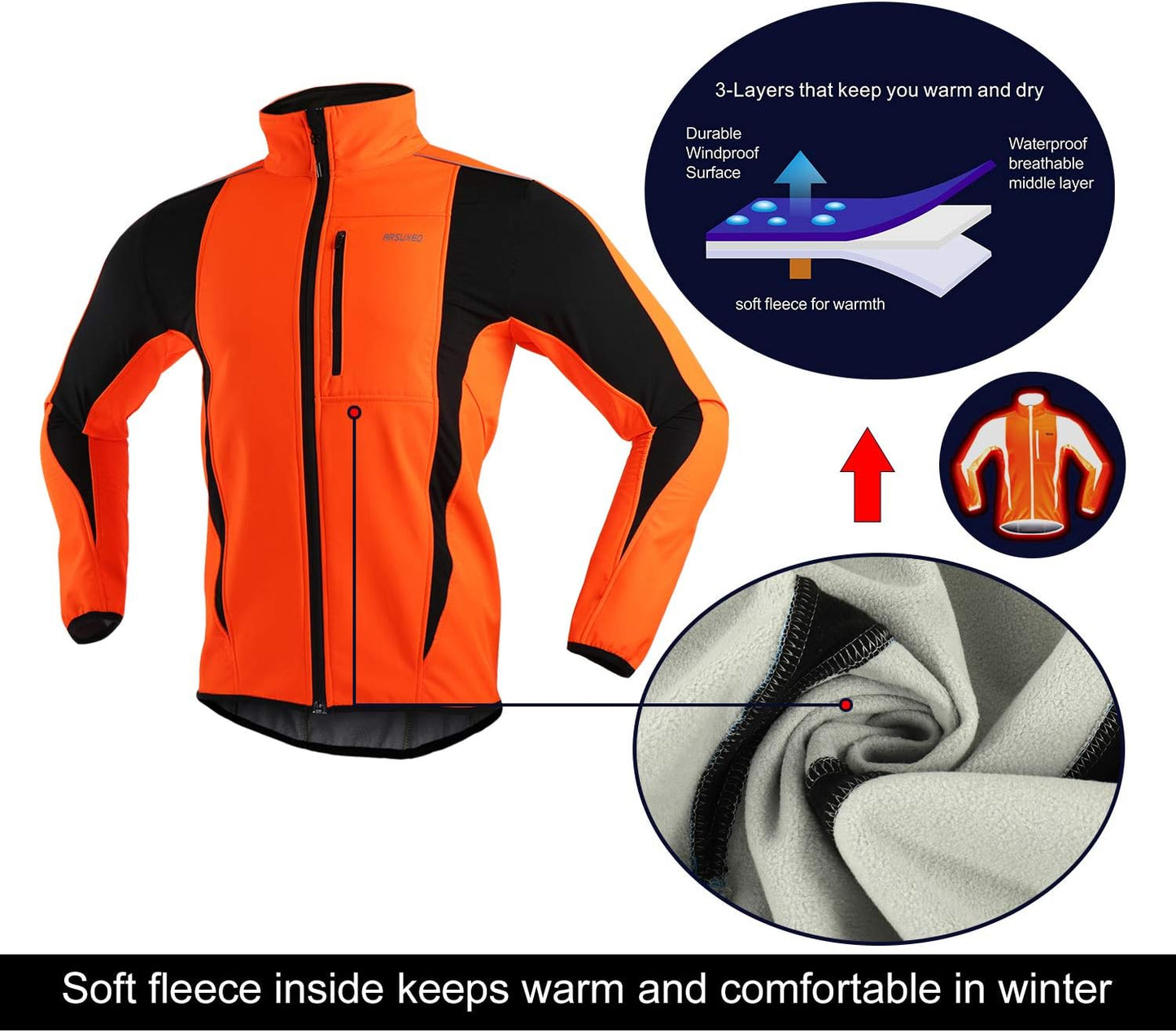 ARSUXEO Winter Warm UP Thermal Softshell Cycling Jacket Windproof Waterproof 15-k