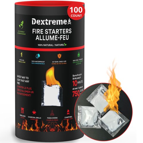 Dextreme Quick Instant Fire Starter - Waterproof All-Purpose Indoor & Outdoor Firestarter, for Charcoal Starter, Campfire, Fireplace, BBQ, Survival and Wood Stove (100 Pcs Tube)