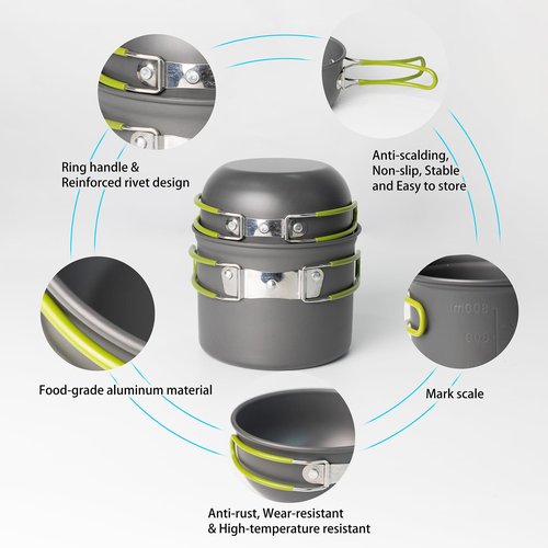 WAILAMHK 14pcs Camping Cookware Kit, Camping Cookware Mess Kit with Lightweight Pot, Stove, Spork and Carry Mesh Bag, Great for Backpacking Outdoor Camping Hiking and Picnic