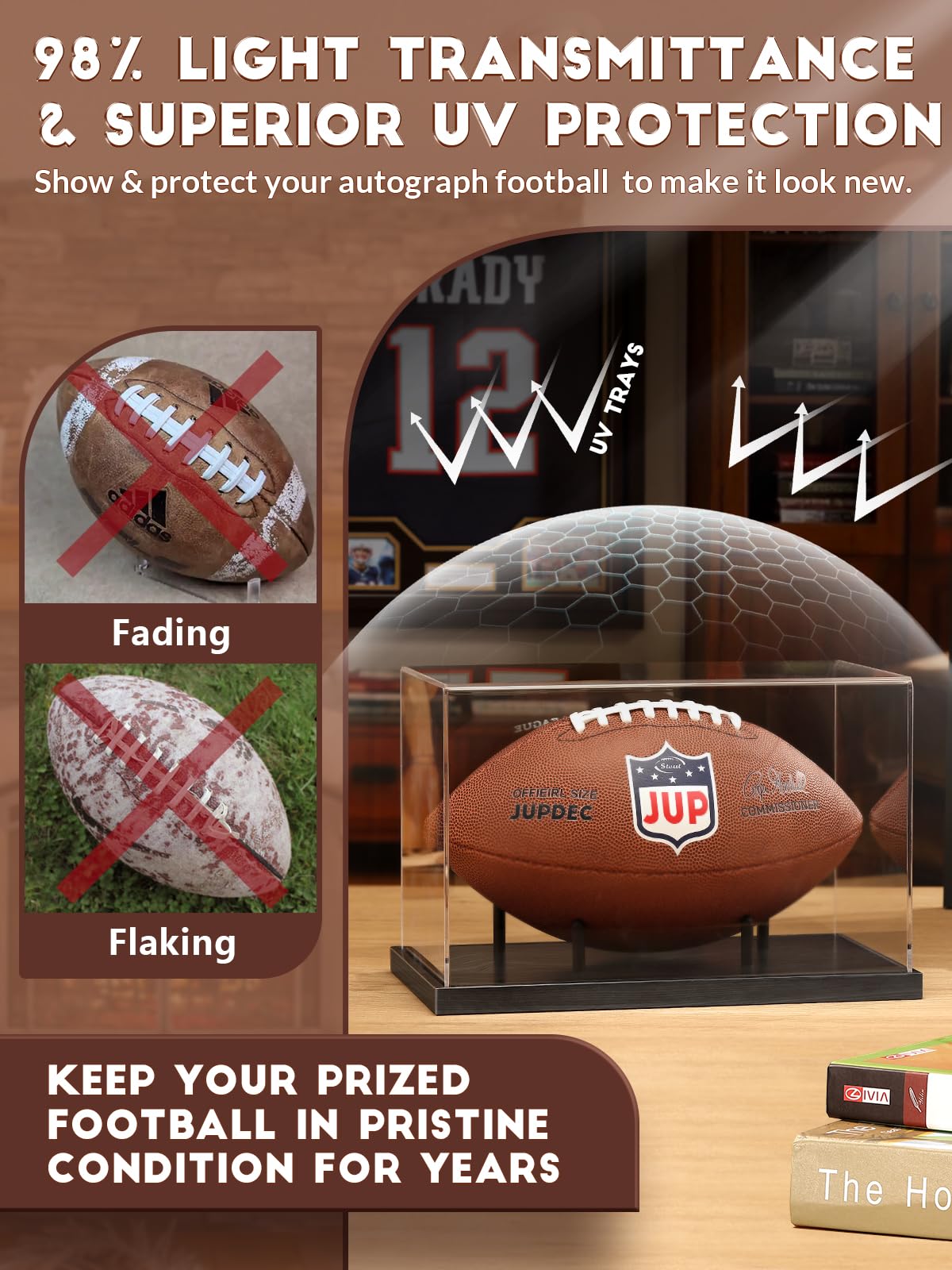 JupDec Football Display Case Full Size, Acrylic Clear Box with Wood Stand, UV Protected Memorabilia Holder, for Football Fans & Collectors, Sports Collectibles, No Assembly Required, Black