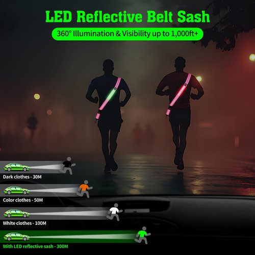 LED Reflective Belt Sash,6 Lights Colors & 3 Light Modes High Visibility Night Rechargeable Safety Belt Adjustable Reflective Running Gear for Men Women Running Cycling Walking and Dog Walking