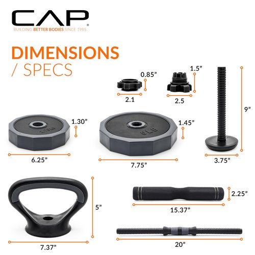 CAP Barbell 66 lb Multi-Use Adjustable Weight Set - Versatile Dumbbell, Barbell & Kettlebell for Full-Body Workouts | Gray