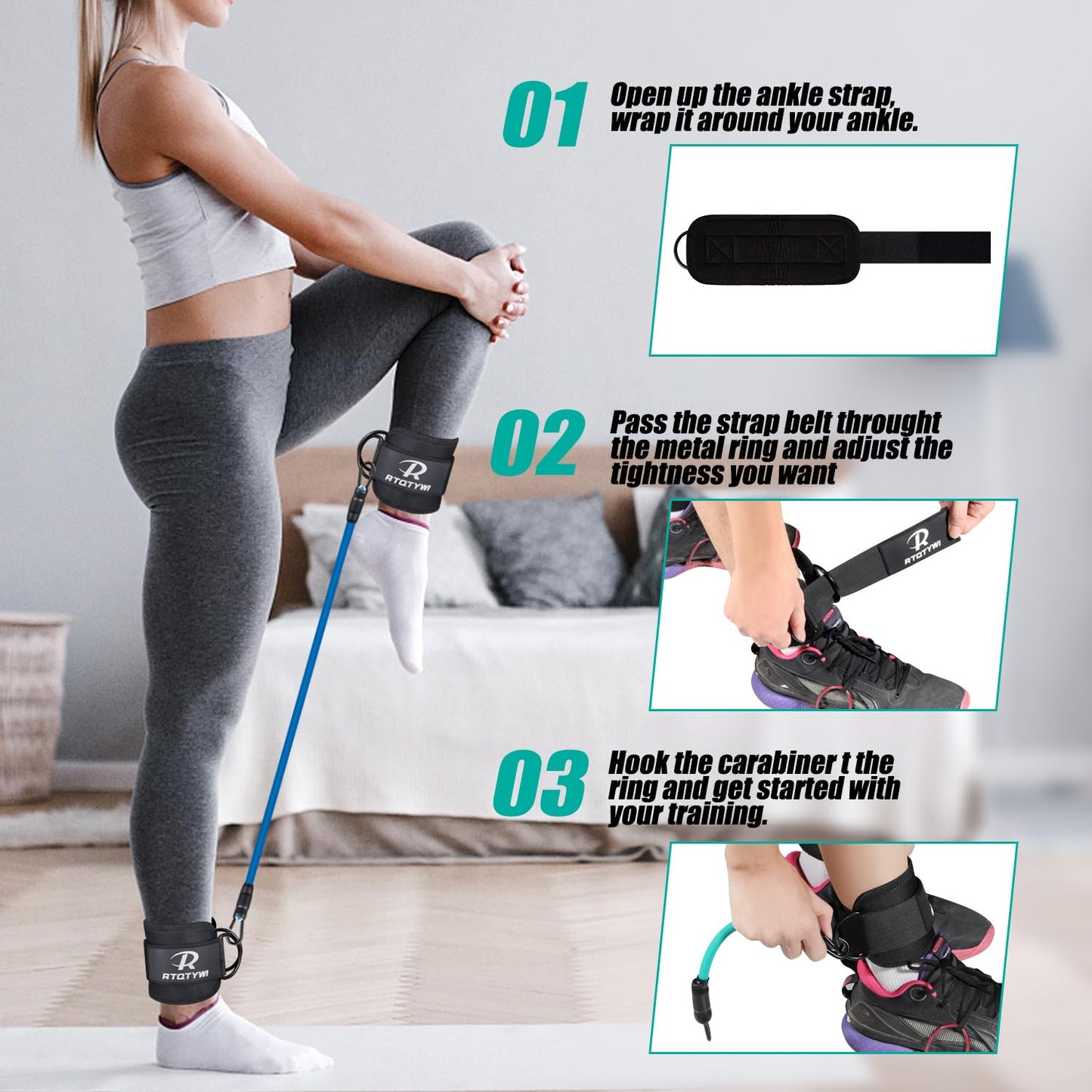 Ankle Resistance Bands Set - 60LB Adjustable Tube Bands for Glutes & Legs Workouts - 3 Different Pounds - Recoils & Ankle Strap for Women & Men