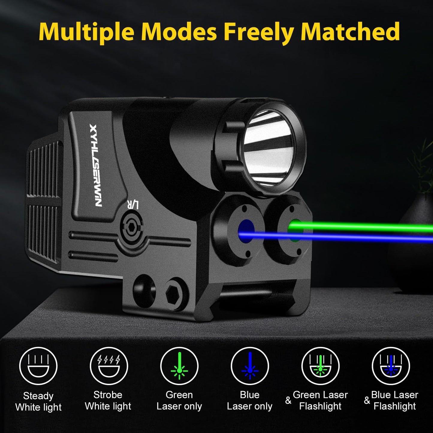 600/200 Lumens Adjustable Tactical Flashlight with Green/Blue Laser Sight Combo, Pistol Laser Light Combo with Strobe/Constant Light Modes, USBC Rechargeable, Fits Standard Picatinny & Glock Rails