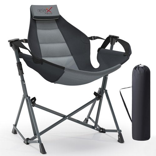 RELAX FIELD Hammock Camping Chair, 3 Heights Swinging Chair with Adjustable Backrest, Folding Rocking Chair with Head Pillow&Cup Holder, Outdoor Chairs for Camping and Hiking, Supports 350lbs, Black