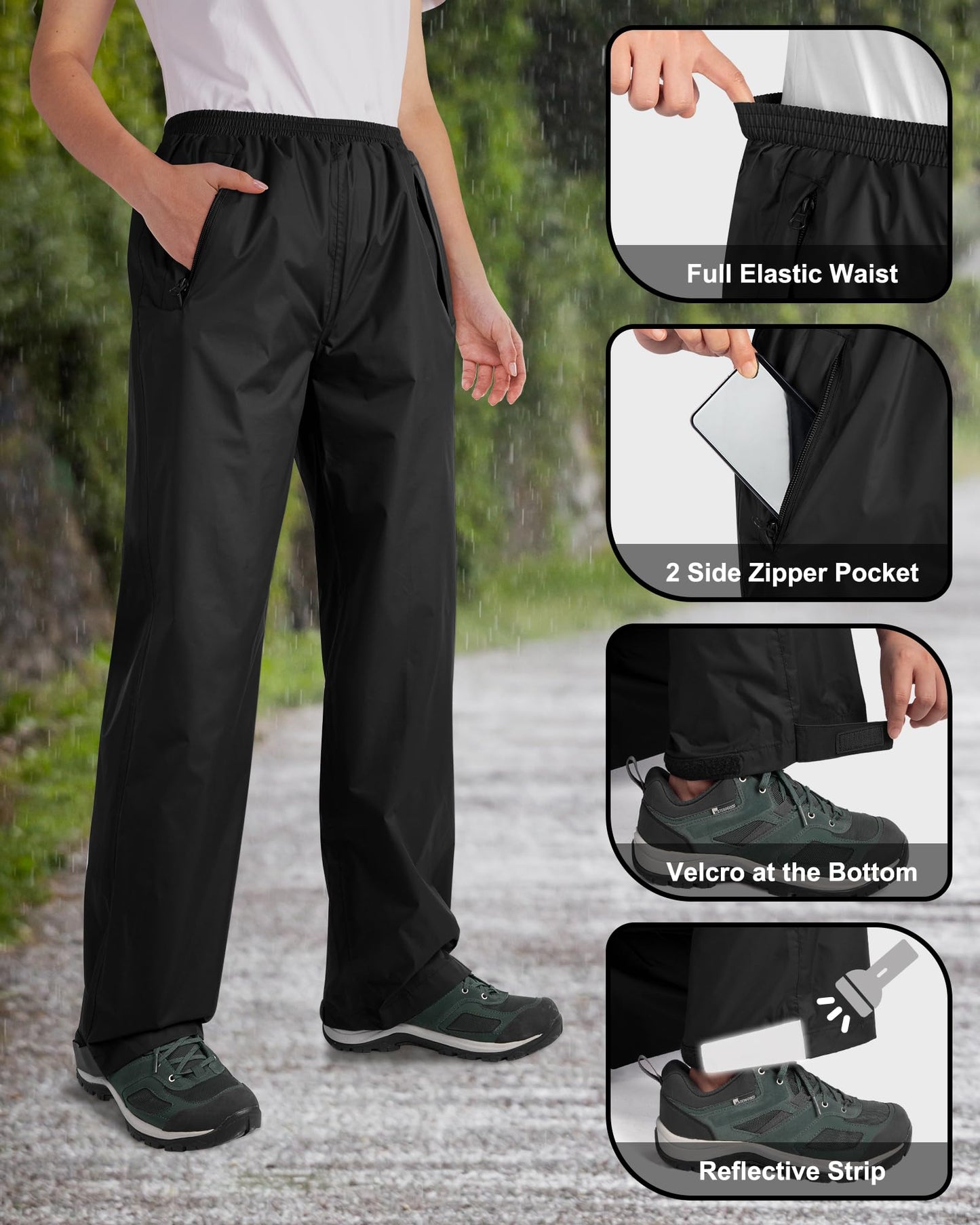 33,000ft Packable Rain Pants for Women Waterproof Pants Lightweight Rain Over Pants Outdoor Windproof Pant for Golf Hiking Black