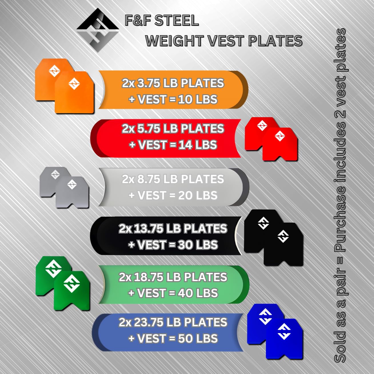 F&F STEEL Adjustable Weighted Vest & Plates - Strength, Edurance, Running, Hiking, Rucking, Fitness WODs (Red Plates - 5.75lb)