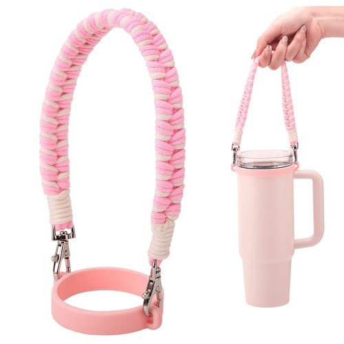 Soledea Water Bottle Handle, Hand-Woven Lanyards Silicone Water Bottle Sling, Carrier, Holder with Strap Compatible 8-40oz Stanley Cup Hydroflask Bottle Accessories-Pink