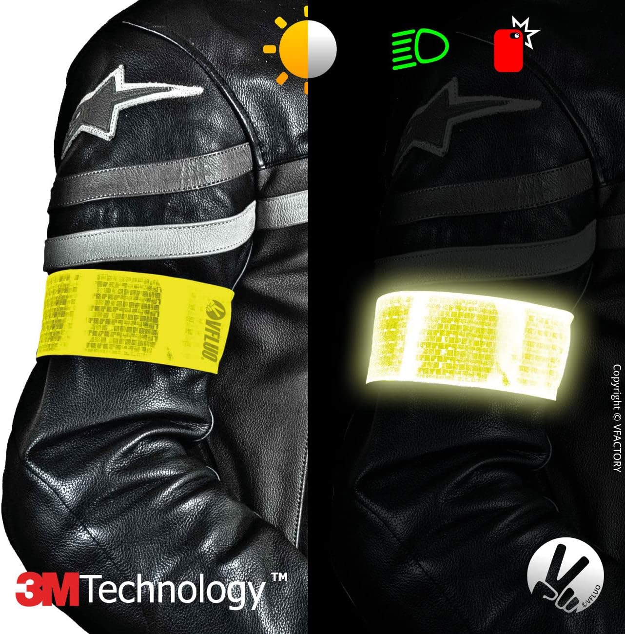 VFLUO - Reflective + reflective Adjustable & Elastic Motorcycle Armband for Motorcycle Jacket, Scooter, Bicycle, Pedestrian - High Visibility - Resistance & Support