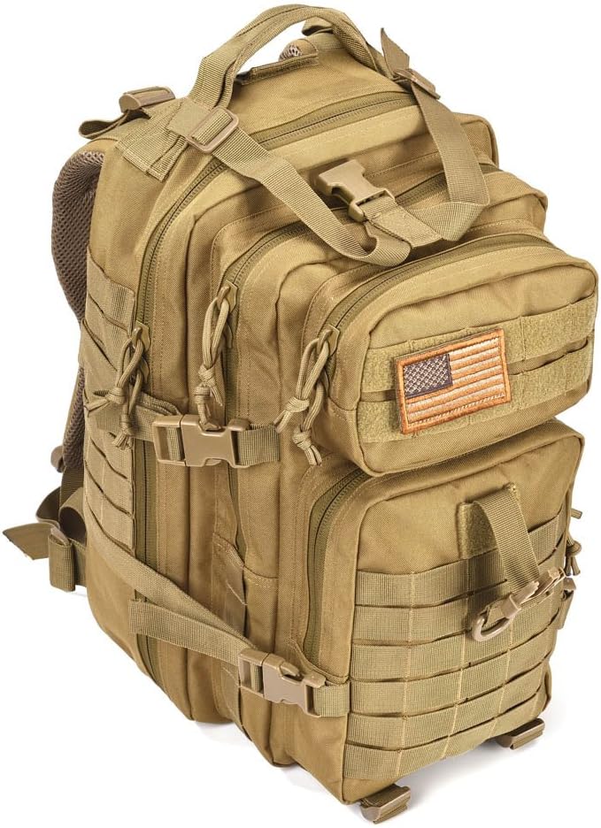REEBOW GEAR Tactical Backpack Army Molle Military Style Assault Pack Bug Bag Backpacks 34L Daypack (With Flag Patch, Black)