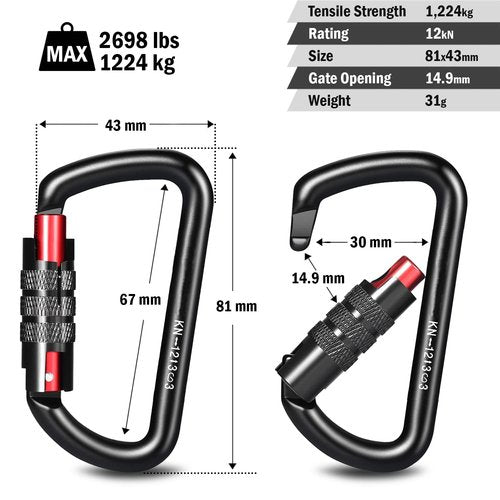FresKaro 3pcs 25kN Climbing Carabiners with 2pcs 12kN Twist Lock Carabiners, Black Color