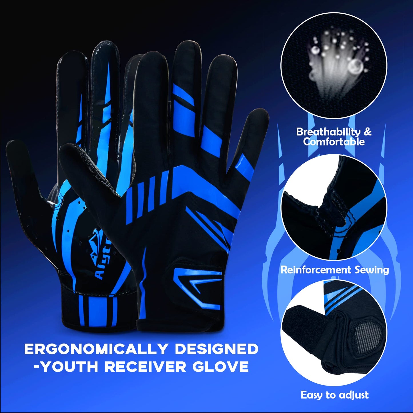 Alytree Football Gloves for Kids 8-12, No-Slip Youth Wide Receiver Glove, Enhanced Performance Silicone Gloves, Adjustable Super Sticky for Boys and Girls (Blue-Black-M/L)