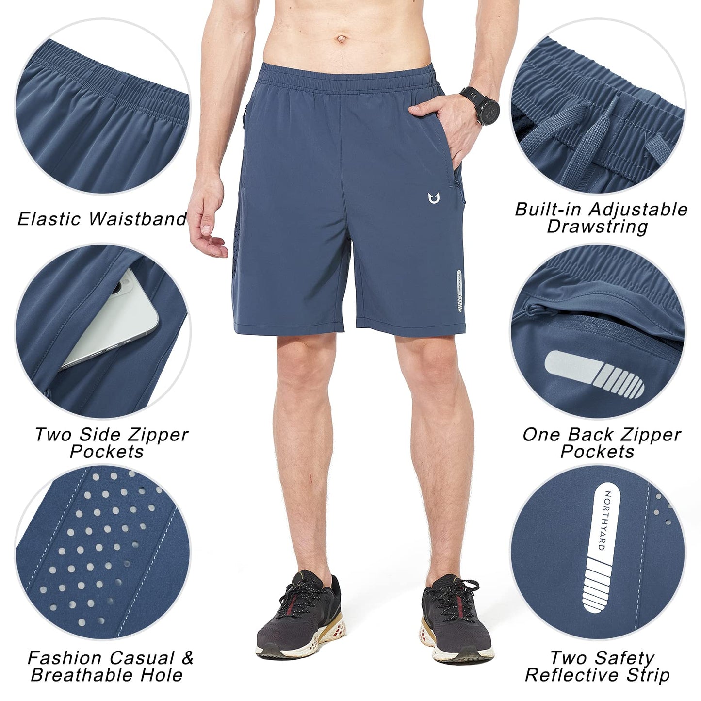 NORTHYARD Men's Athletic Running Shorts Gym Workout 7"/9"/5" Quick Dry Lightweight Sports Basketball Tennis 3 Zipper Pockets FEDERALBLUE 2XL