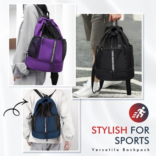 PinCute Drawstring Gym Bag for Men/Women - Mesh Beach Swim Backpack Sports Draw String Back Bags with Wet Pocket&Shoe Compartment, Lightweight