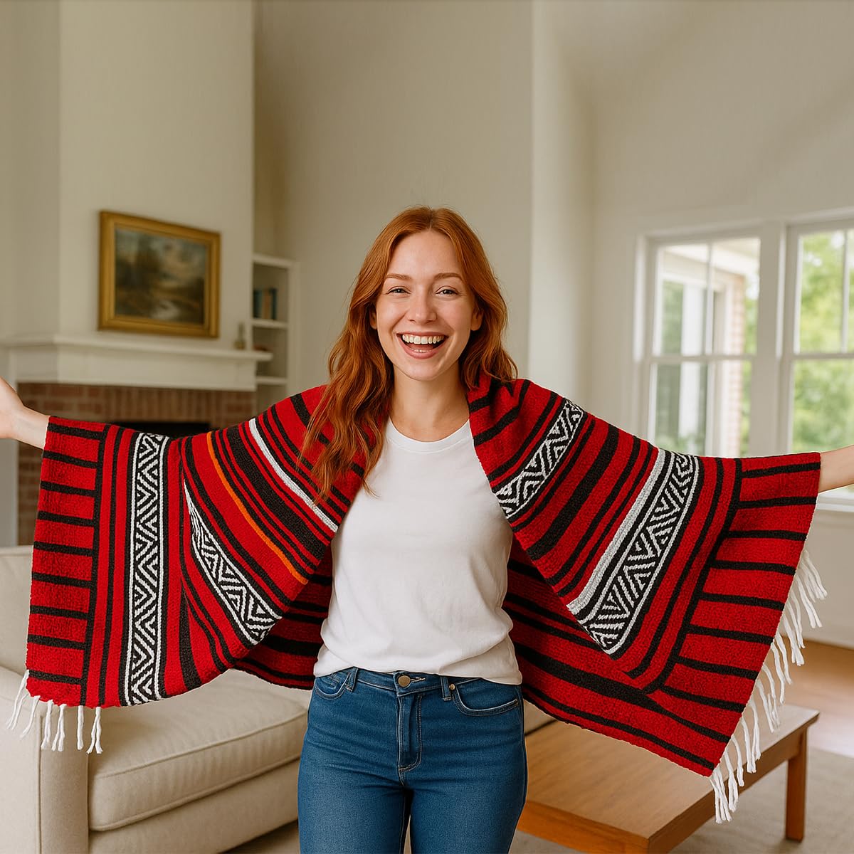 Airooglee 69" L x 51" W Large Mexican Blanket - Perfect as Yoga Outdoor Beach Serape Picnic Camping Woven Blanket, Boho Home Décor - Red