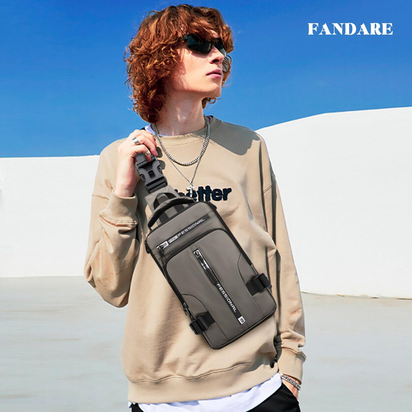 FANDARE Men Sling Crossbody Backpack Crossbody bag for Men One Strap Motorcycle Chest Bag Cover Pack for Hiking Cycling Travel Outdoor Sport Small Casual Backpack with USB Charger Port Nylon Khaki