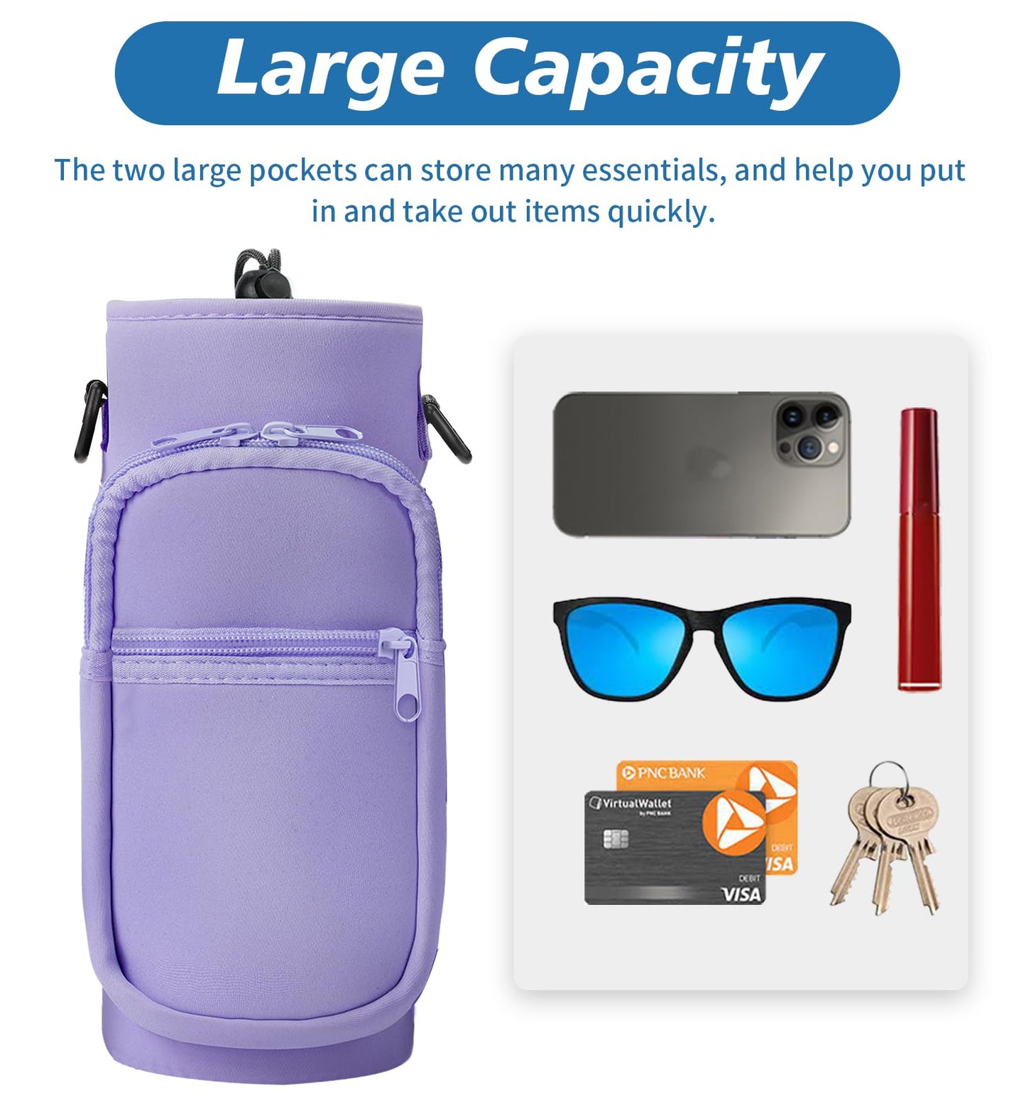 AceTreker 32 oz 40 oz Water Bottle Sling with 2 Pockets, Neoprene Water Bottle Holder with Strap, Sport Bottle Sleeve for Traveling, Walking, Camping-Purple