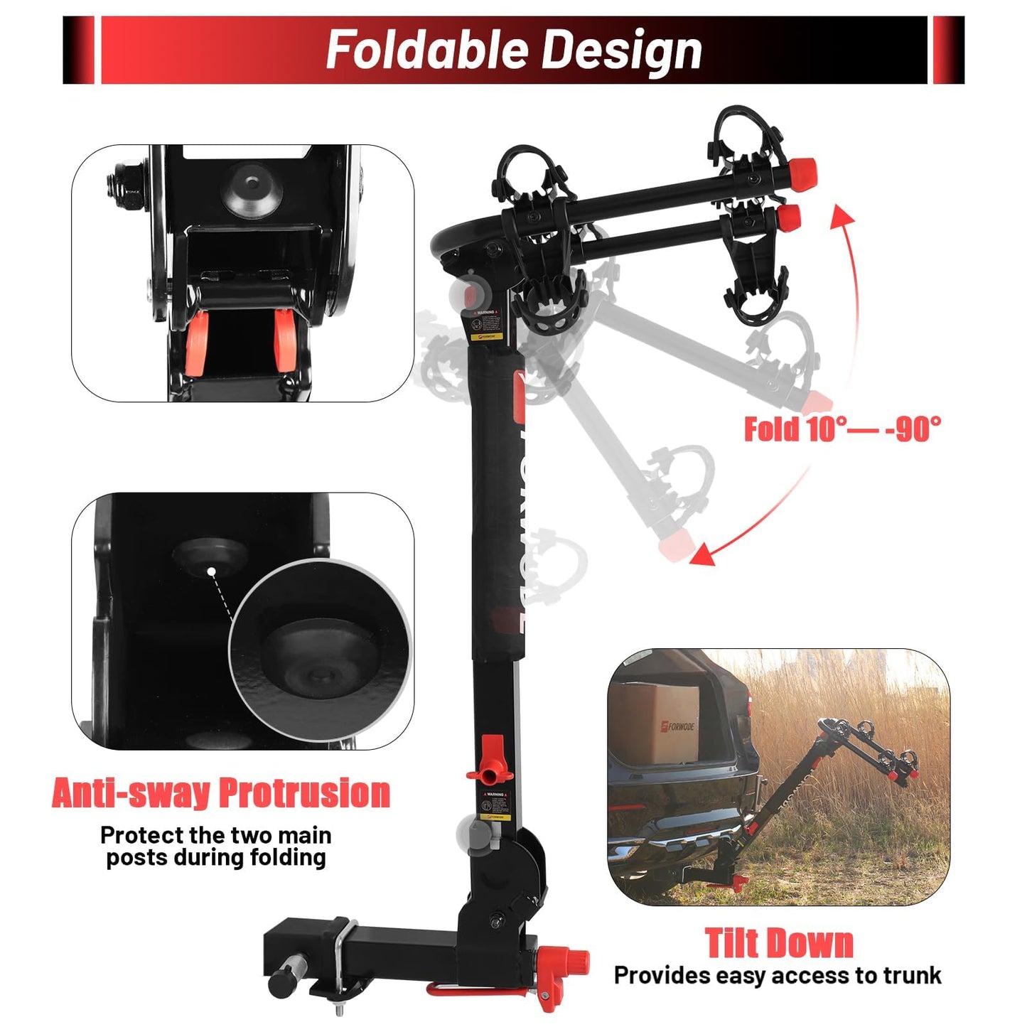 Forwode 2 Bike Hitch Mount Rack, Tiltable Foldable Bicycle Carrier Wobble Free Locking Hitch Quick Release 2-Inch Receiver Black (C-Upgraded versin, 2Bike)