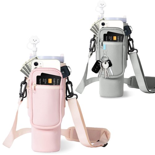 Water Bottle Carrier Bag with Phone Pocket for Stanley 40oz Tumbler with Handle（Pink+Gray）
