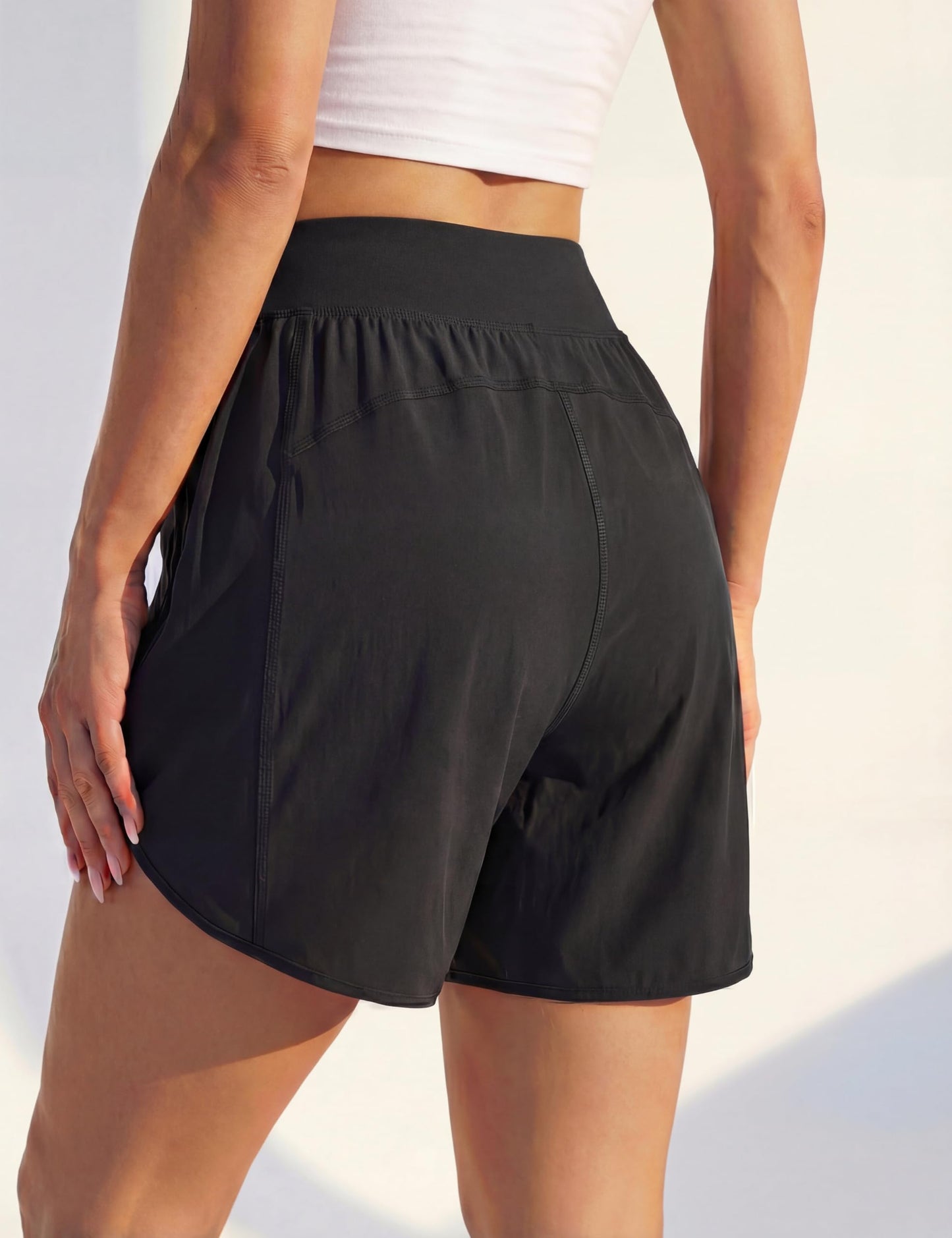 BMJL Women's 5" High Waisted Running Shorts with 2 Zipper Pockets, Dolphin Hem Tummy Control Athletic Workout Shorts for Gym, Travel, Casual(Medium,Black)
