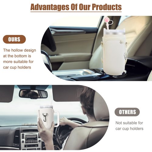 Stanley 40 oz Water Bottle Carrier Bag with Phone Pocket, Tumbler Neoprene Water Bottle Holder Pouch with Adjustable Strap, Stanley Cup Accessories for Hiking Travelling Camping(Offwhite)