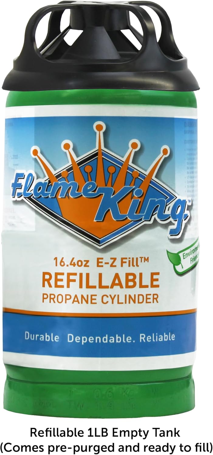 Flame King Refillable 1LB Empty Propane Cylinder Tank - Reusable - Safe and Legal Refill Option - DOT Compliant - 16.4 oz, Green