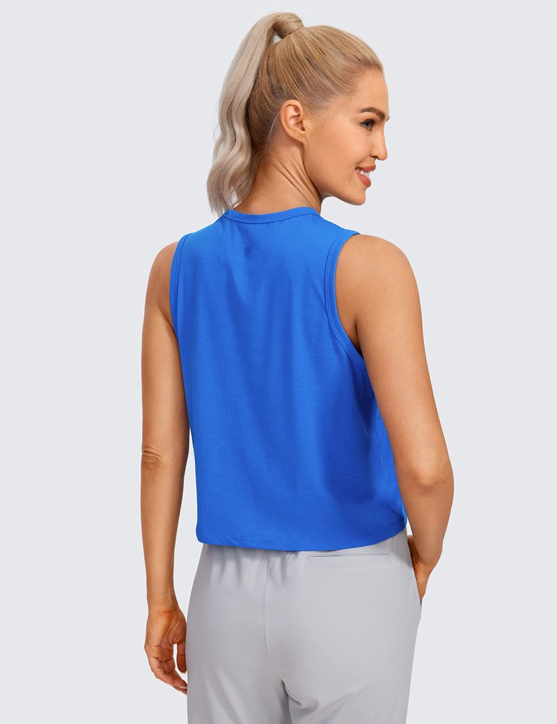 CRZ YOGA Pima Cotton High Neck Cropped Tank Tops for Women Soft Crop Workout Athletic Yoga Basic Sleeveless Shirts Strong Blue Small