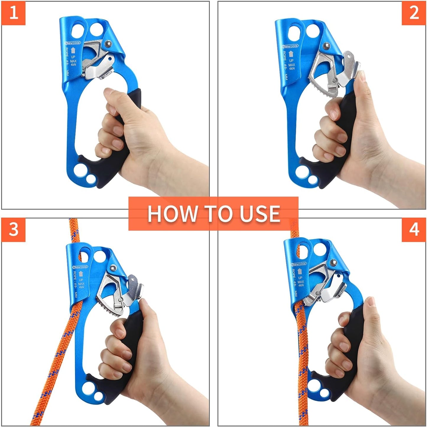 NewDoar UIAA & CE Certified Hand Ascender Rock Climbing Tree Arborist Rappelling Gear Equipment Rope Clamp for 8~13MM Rope