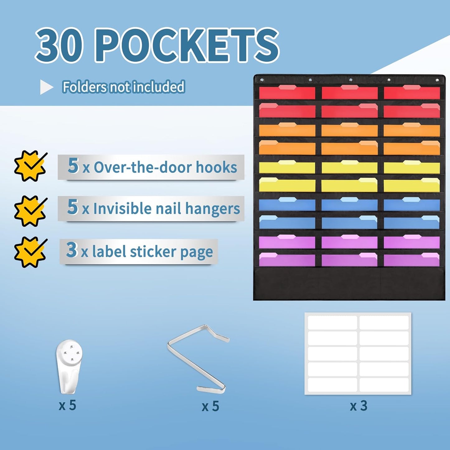 Annecy 10 Pockets Hanging Wall File Organizer, Black Storage Pocket Chart for File Folder and Paper, Space Saver for Office and Classroom, with Wall Hangers, Over The Door Hooks, Labels