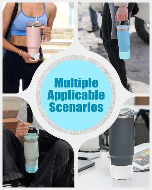 WeLiu 2 Packs Glitter Silicone Boots Bottom Covers for Stanley Quencher H2.0 20-40 oz Tumbler, Stanley IceFlow Flip 20 oz 30 oz, Hydro Flask Water Bottle 12-24 oz (Blue, Translucent Silver)