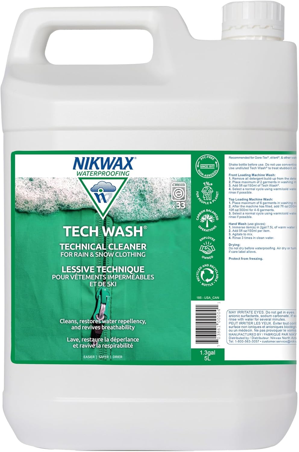 Nikwax Tech Wash 169 fl. oz., Technical Cleaner for Jackets and Outerwear, Restores Waterproofing in Rain, Ski, and Snow Gear, Safe for Gore-Tex and DWR