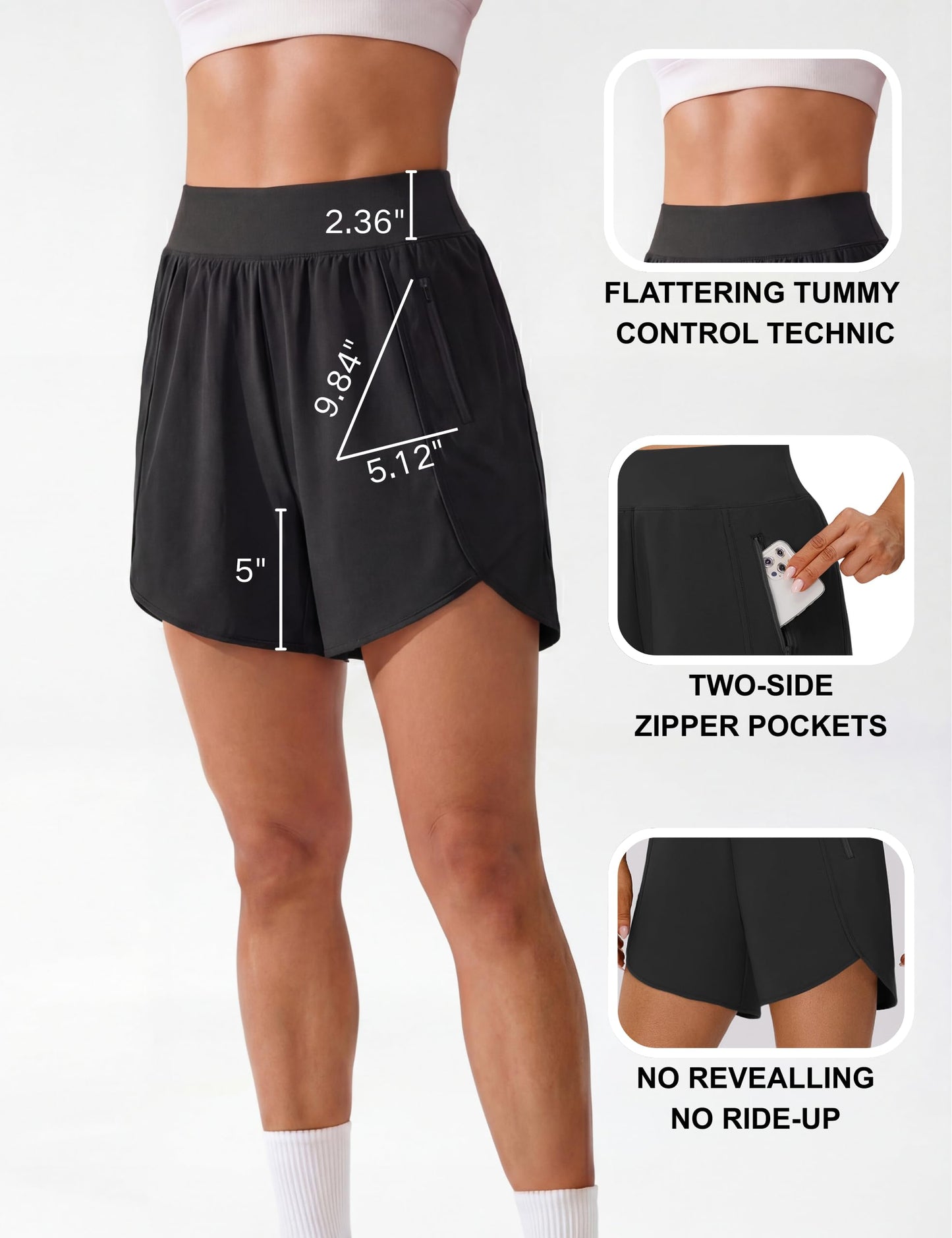 BMJL Women's 5" High Waisted Running Shorts with 2 Zipper Pockets, Dolphin Hem Tummy Control Athletic Workout Shorts for Gym, Travel, Casual(Medium,Black)
